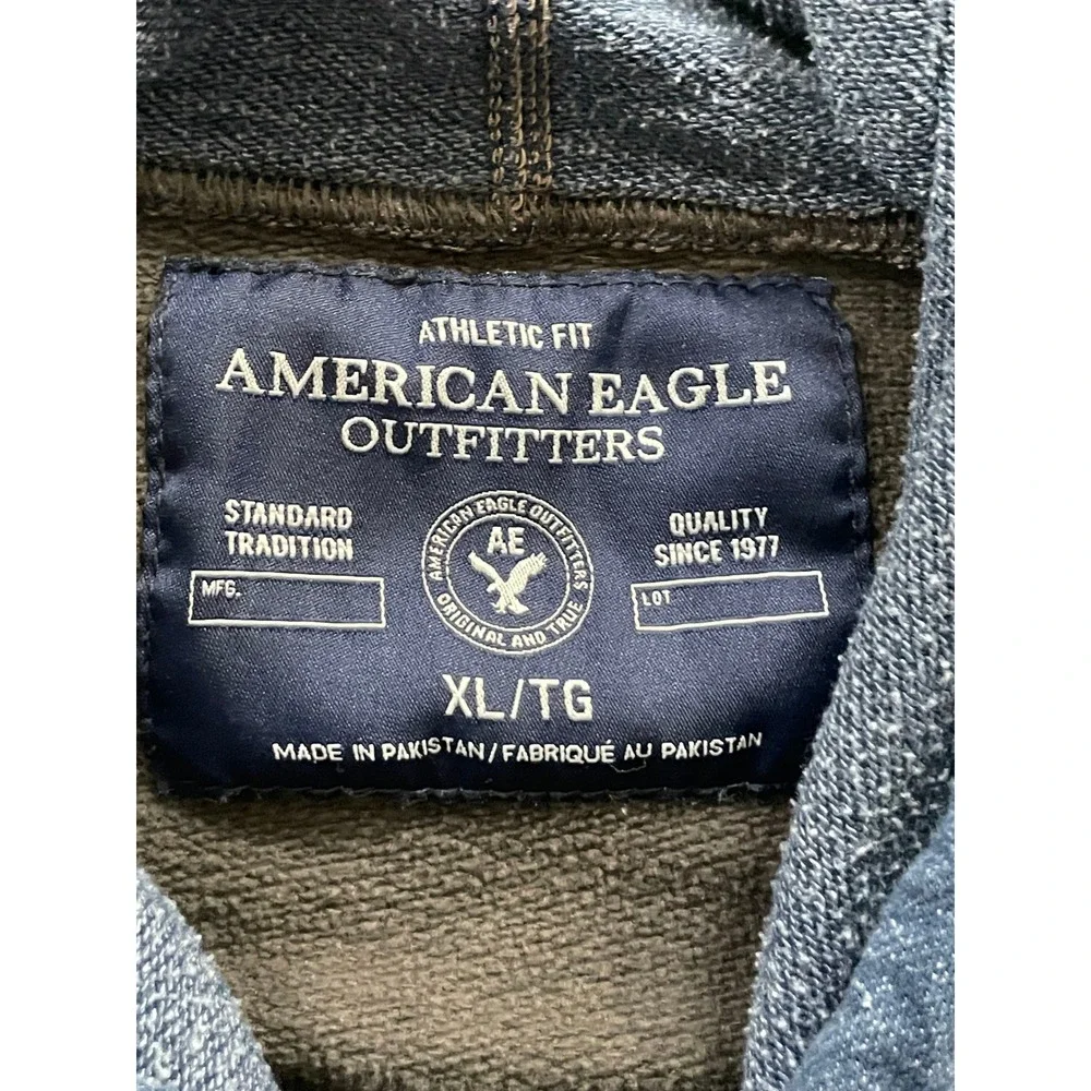 American Eagle Mens XL Hoodie Gray Blue Distressed Eagle Graphic Raglan Pullover